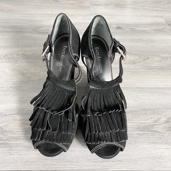 Enzo Angiolini Black Suede Fringe Wedges Shoes - Picture 1 of 16